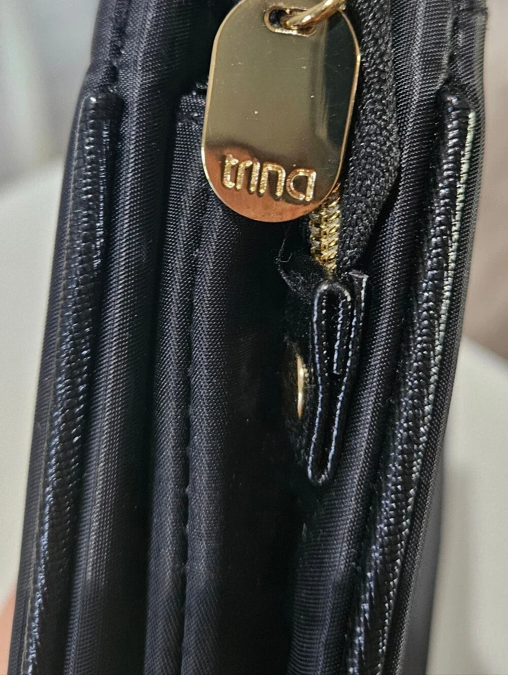 Trina Turk Black Satin Clutch Pouch – Gold Zip ✨